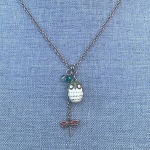 Owl Green & White Pendant Necklace with Red Dragonfly & Beaded Charms. EUC!
